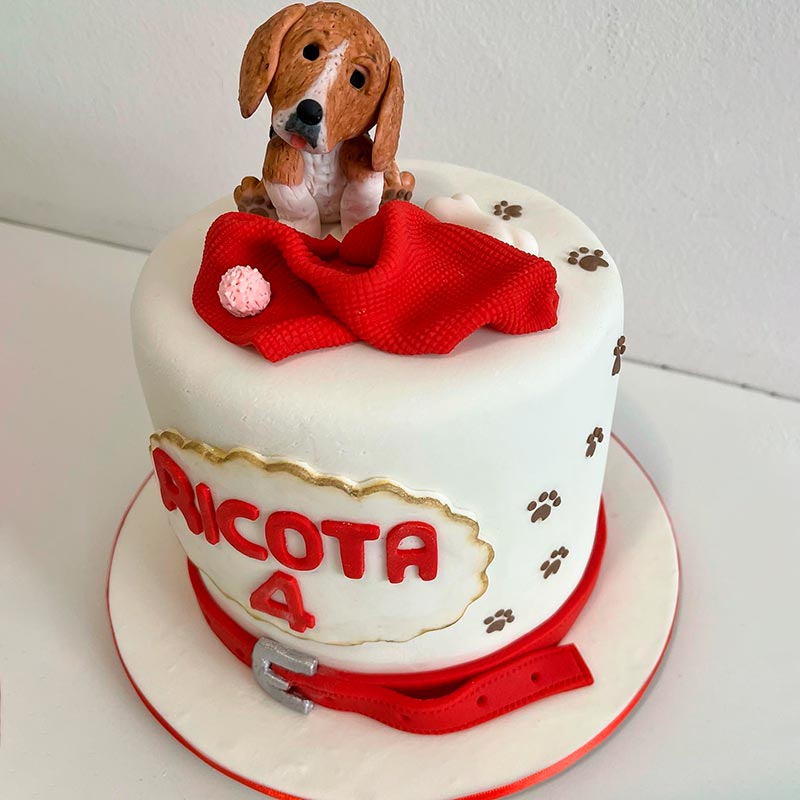 Beagle Cake - pet dog cake designer custom fondant 1 tier birthday pet animals red collar paw prints bone