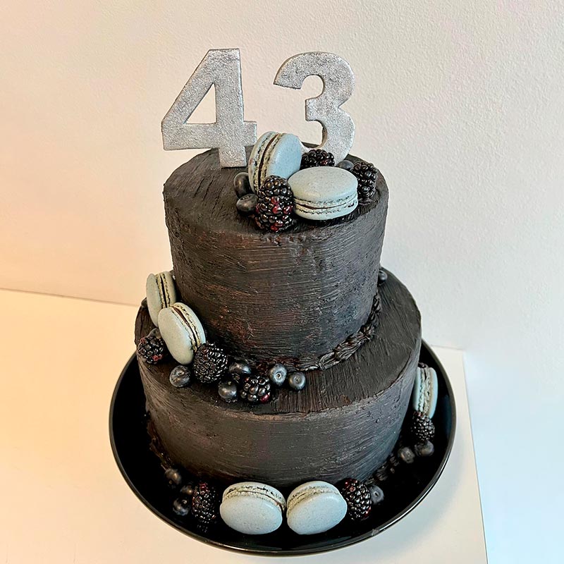 Super Elegant Men's Decorated Cake - custom cake designer fondant adult birthday black macarons light grey dark fruits blackberries blueberries
